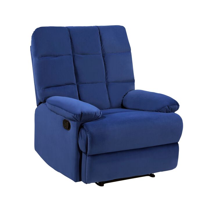 Patty 36 Inch Manual Recliner Chair, Cushioned, Blue Velvet, Solid Wood - Benzara