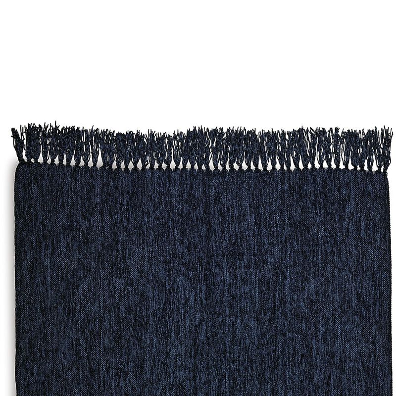 Emily Throw Blanket Set of 3, Textured Woven Knotted Fringe, Dark Blue - Benzara