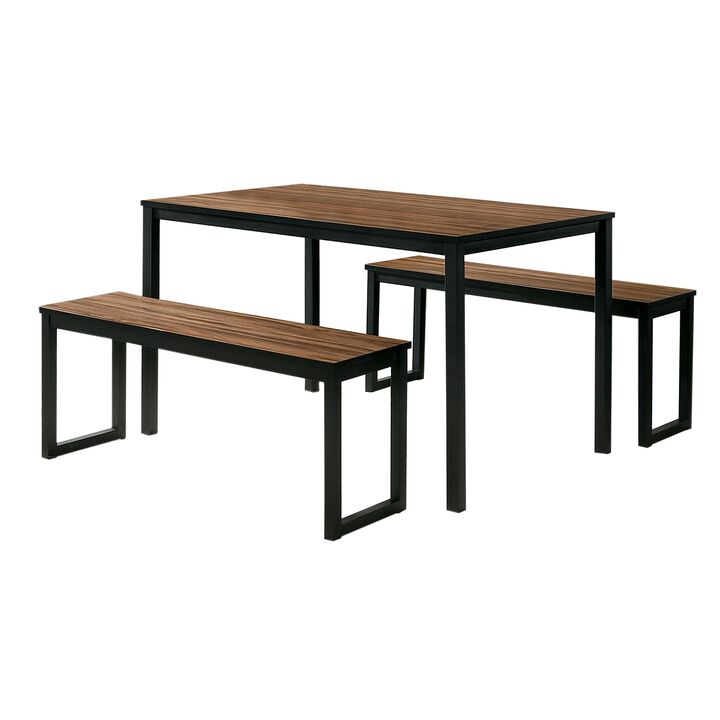 3 Piece Dining Table Set, 2 Benches, Brown Wood Grain Top, Black Metal - Benzara