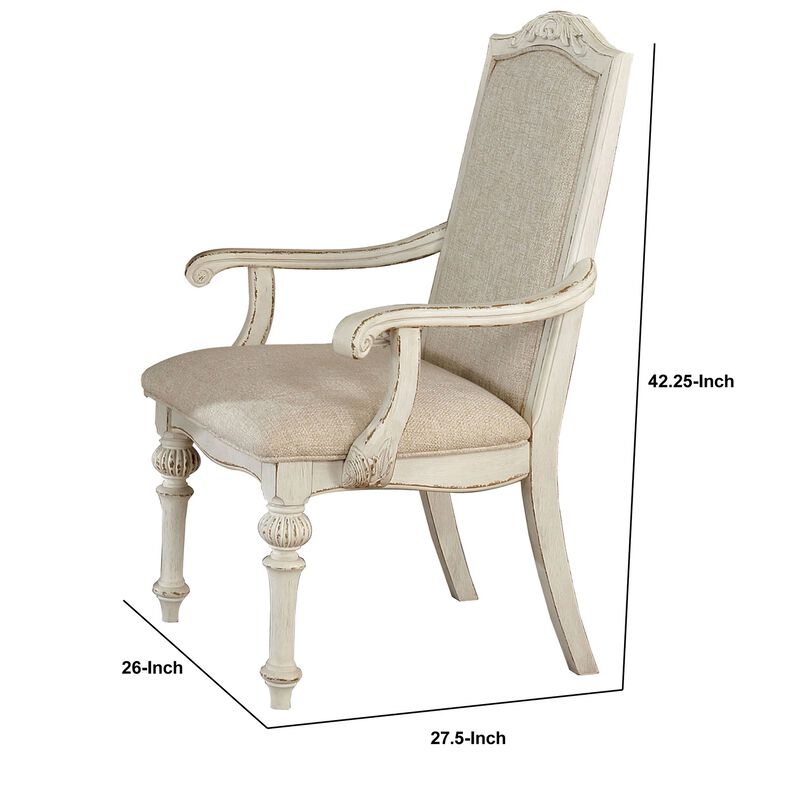 Rustic Wooden Arm Chair with Intricate Carvings, Set of 2, Antique White-Benzara