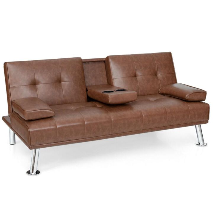 Hivvago Convertible Folding Leather Futon Sofa with Cup Holders and Armrests