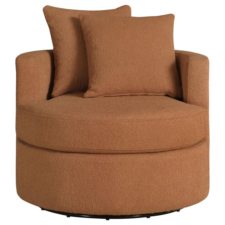 Catlyn Swivel Accent Chair, Burnt Orange Fabric, 2 Accent Pillows - Benzara