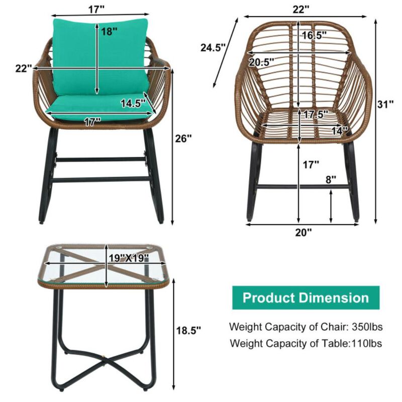 Hivvago 3 Pieces Patio Rattan Bistro Set with Cushions and Glass Table