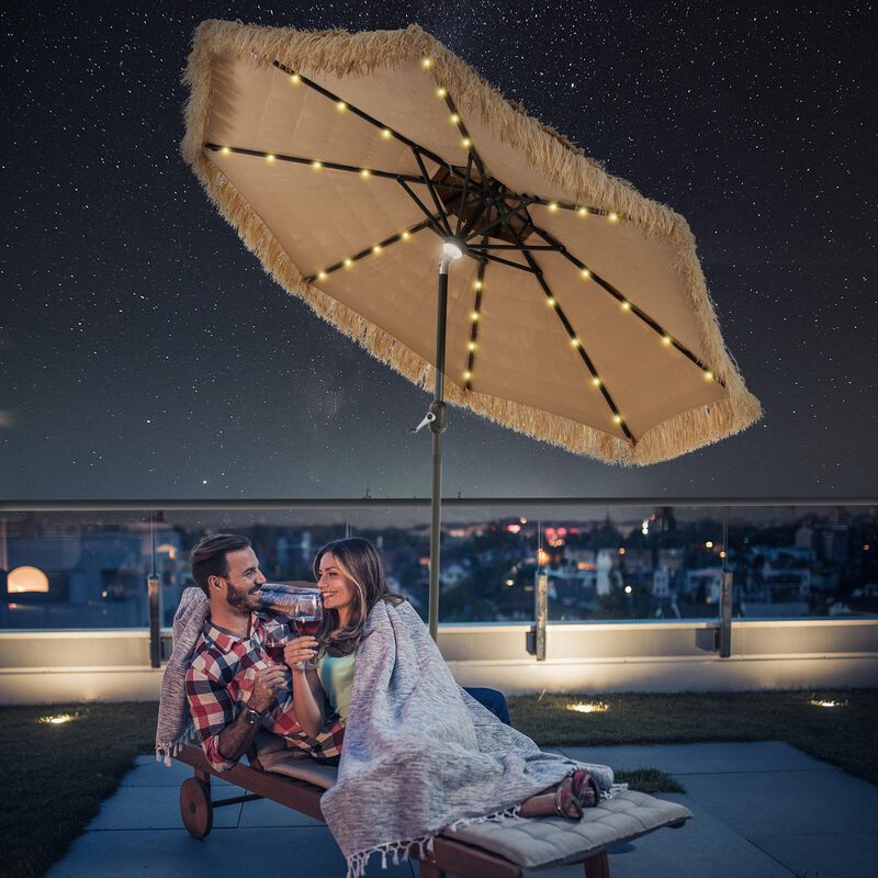9-Foot Solar-Powered Tiki Patio Umbrella with Thatched Design and LED Lights for Outdoor Spaces