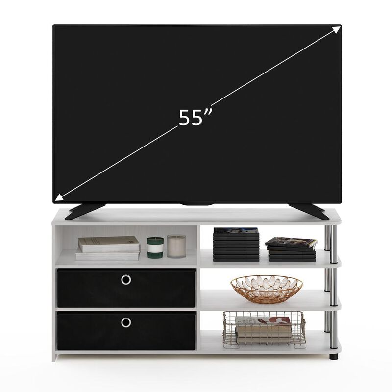 Furinno JAYA Simple Design TV Stand for up to 55-Inch with Bins, White Oak, Stainless Steel Tubes
