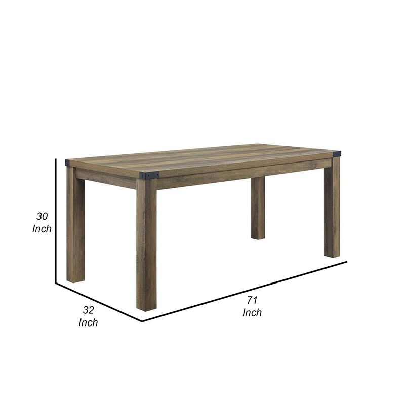 Eli 71 Inch Dining Table, Distressed Rustic Gray, Industrial Metal Rivets - Benzara