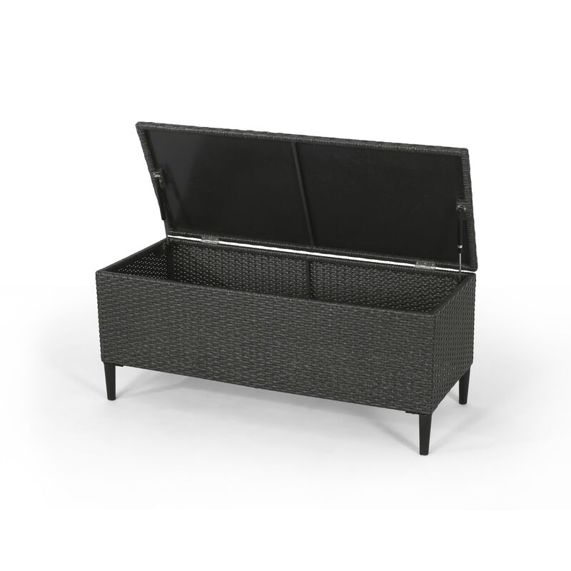 Gert Outdoor Wicker Bench with Storage, 42 Inch Iron, Gray Rattan - Benzara
