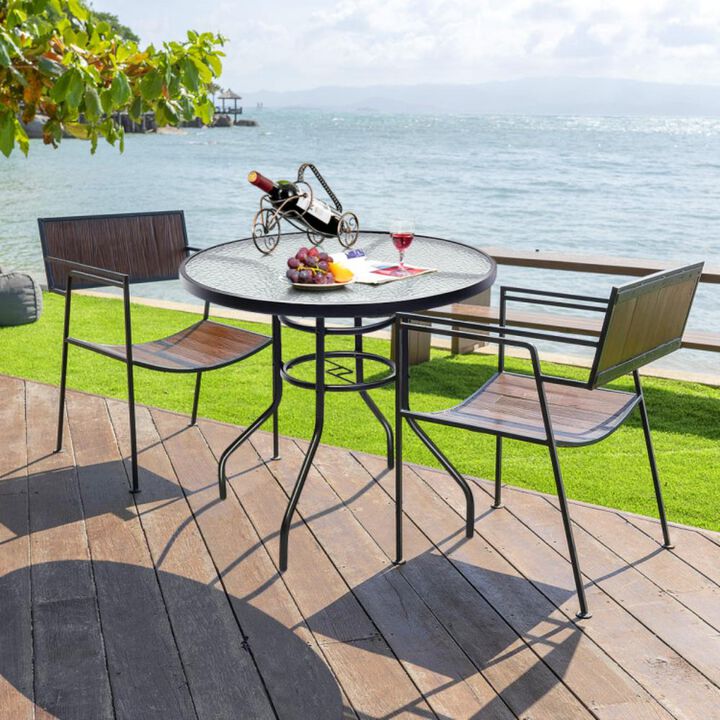 Hivvago 32 Inch Patio Tempered Glass Steel Frame Round Table with Convenient Umbrella Hole