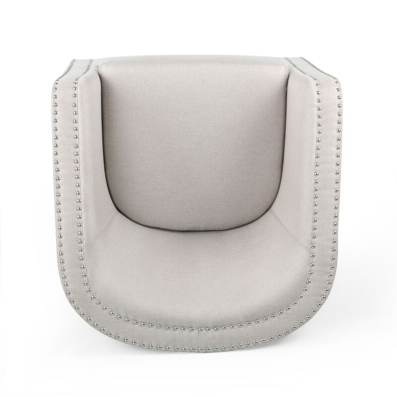 Swivel Accent Chair, Classic Round Barrel Style, Wheat Beige Fabric - Benzara