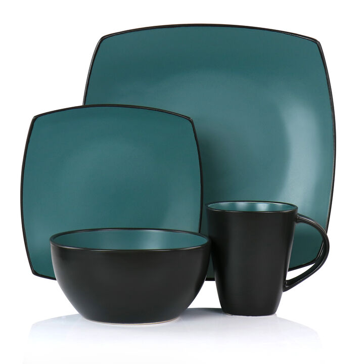 Gibson Elite Soho Lounge 16 Piece Matte Glaze Square Dinnerware Set in Teal