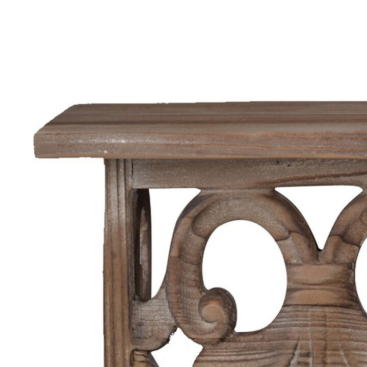 23.5 Inches Wooden Wall Shelf with Scrollwork, Small, Brown-Benzara