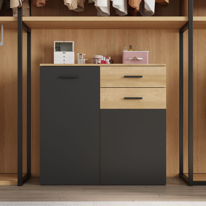 FUFU&GAGA Wardrobe with Storage Cabinet, Adjustable Shelves & Drawers, Modern Farmhouse Closet for Bedroom, Entryway, Home, (35.4" W x 34.1" H x 17.7" D), Rustic Oak & Black