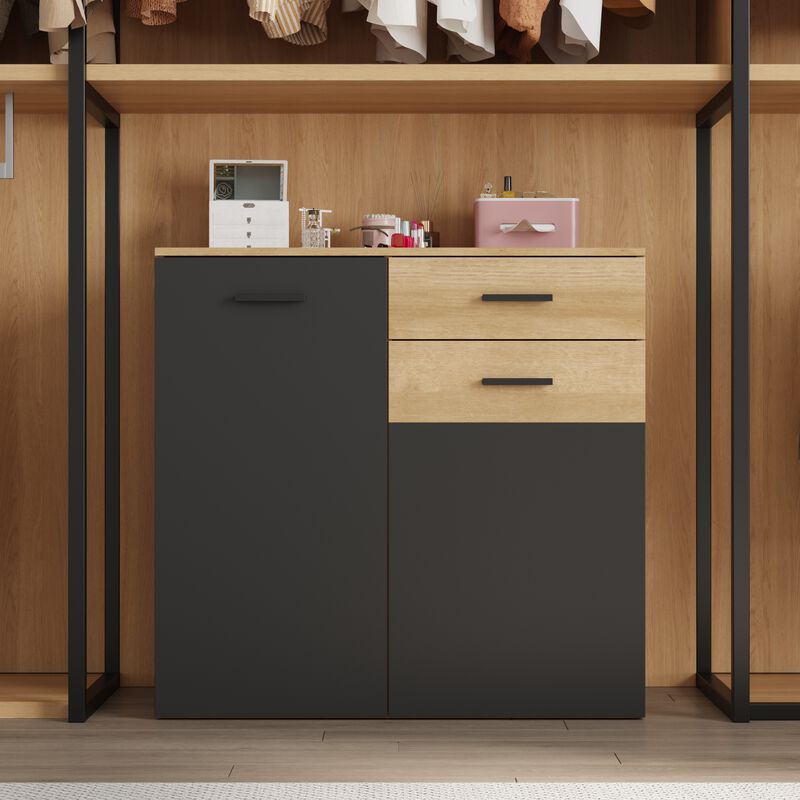 FUFU&GAGA Wardrobe with Storage Cabinet, Adjustable Shelves & Drawers, Modern Farmhouse Closet for Bedroom, Entryway, Home, (35.4" W x 34.1" H x 17.7" D), Rustic Oak & Black