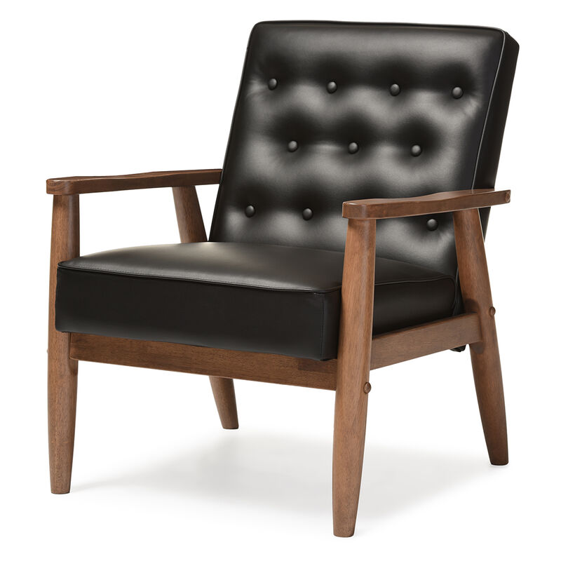Baxton Studio Sorrento Black Faux Leather Upholstered Wooden Lounge Chair