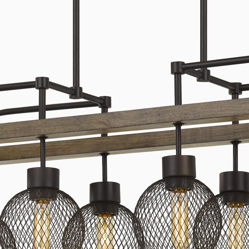 8 Bulb Chandelier with Wooden Frame and Metal Orb Shades, Brown and Black-Benzara