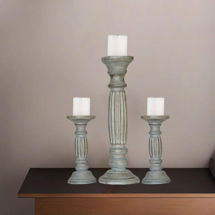 Traditional Antique Dusk Eco-friendly Handmade Mango Wood Set Of Three 9",12" & 15" Pillar Candle Holder