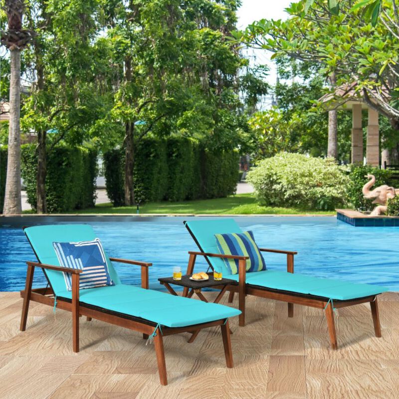 Hivvago 3 Pieces Portable Patio Cushioned Rattan Lounge Chair Set with Folding Table