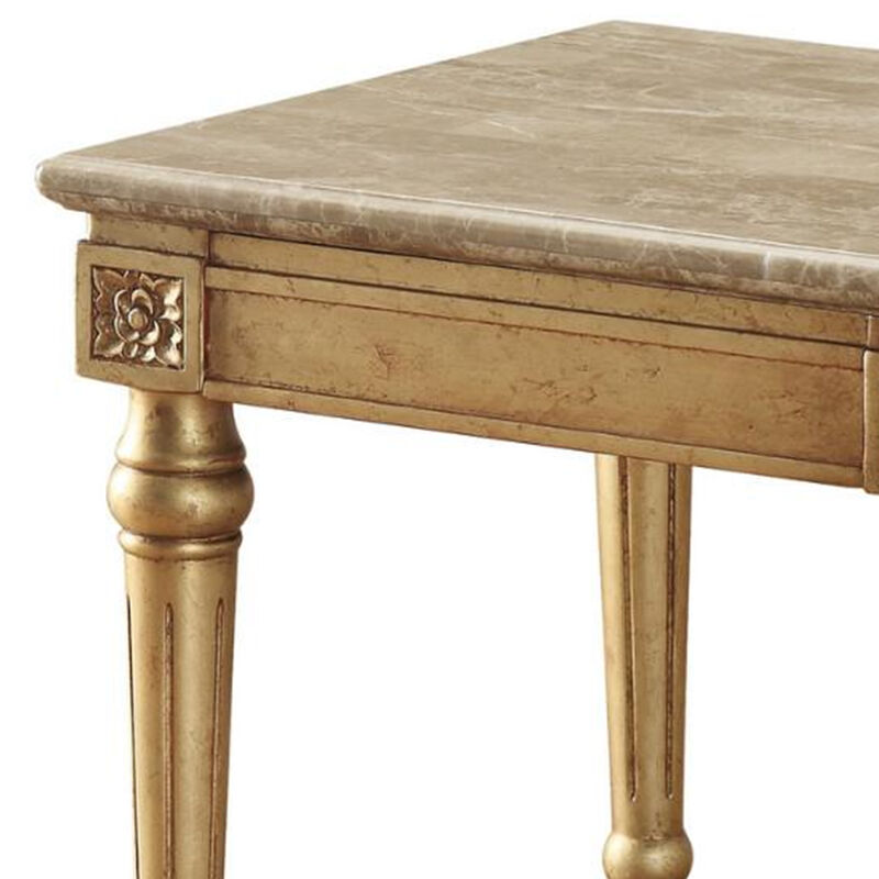 Marble Top End Table With Fluted Detail Wooden Turned Legs, Gold-Benzara