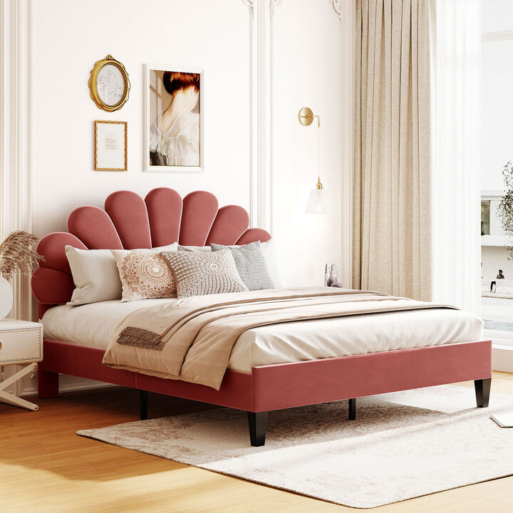 Queen Size Upholstered Platform Bed With Flower Pattern Velvet Headboard, Bean Paste