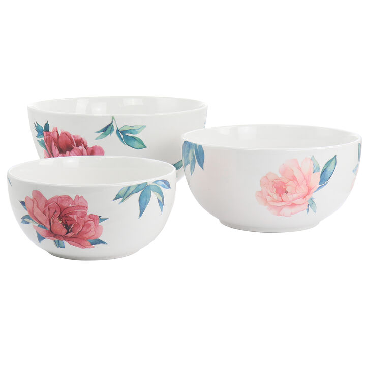 Martha Stewart 3 Piece Fine Ceramic Floral Bowl Set in White