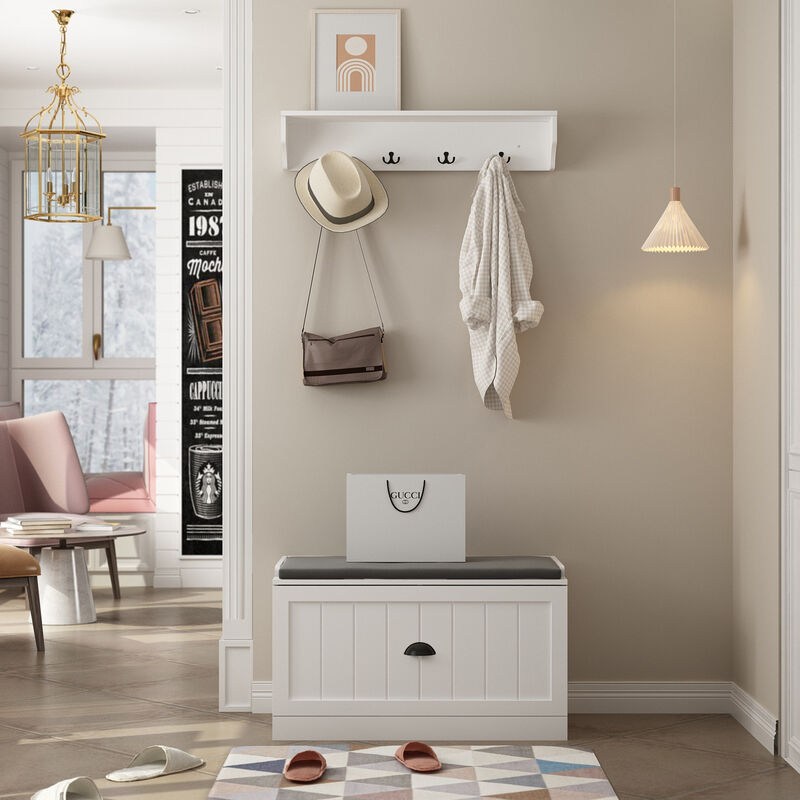 70.9 in. H x 86.8 in. W, White Wood Shoe Storage Bench, Coat Hanger & Wardrobe 3-IN-1 (Shoe Storage Bench & Hanger)