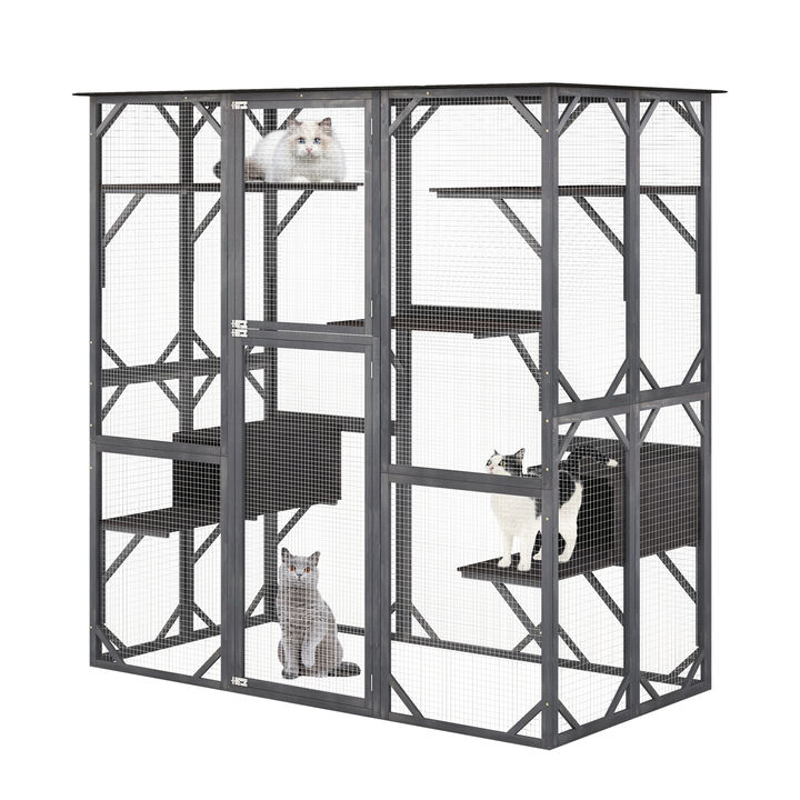 71 Inches Tall Outdoor Wooden Cat House with Weatherproof Asphalt Roof-Grey