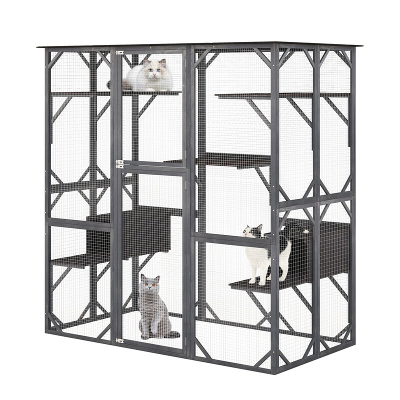 71 Inches Tall Outdoor Wooden Cat House with Weatherproof Asphalt Roof-Grey