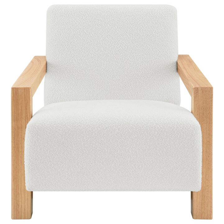 Fitz Accent Chair, Soft Ivory Boucle Cushions, Natural Brown Wood - Benzara