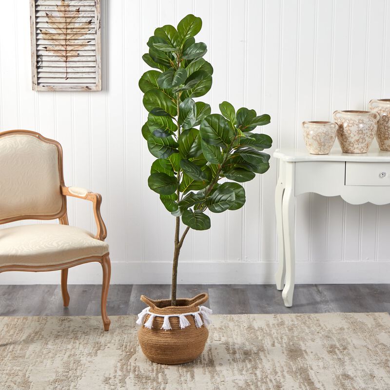 Hivvago 4.5 Feet Fiddle Leaf Fig Artificial Tree with Boho Chic Handmade Natural Cotton Woven Planter with Tassels