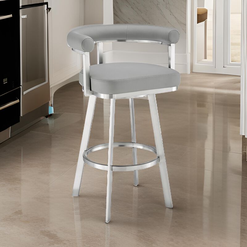 Weni 30 Inch Swivel Barstool Chair, Barrel Open Back, Light Gray, Steel - Benzara