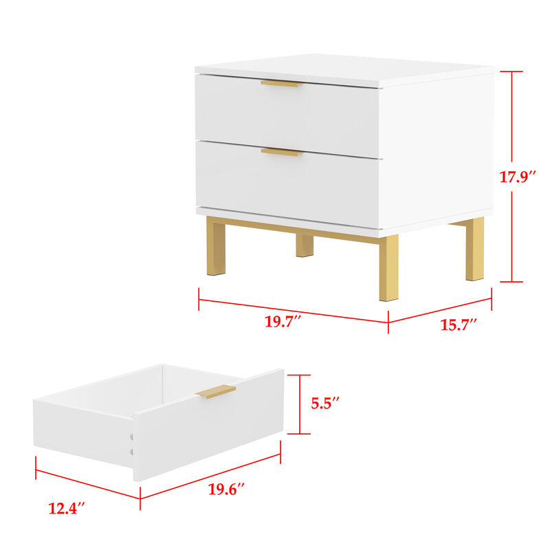 2-Drawer White Wooden Nightstand Bedside Table with 4-Gold Metal Legs 15.7 in. D x 19.7 in. W x 17.9 in. H