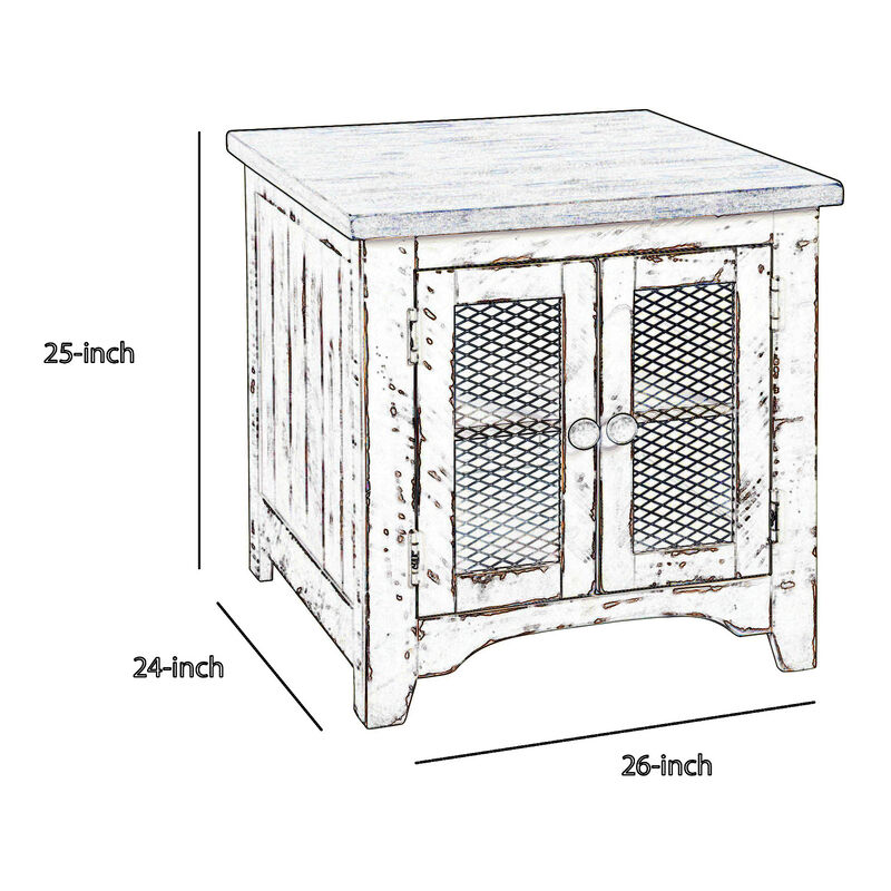 Two Tone Wooden End Table with Metal Grill Cabinet, Brown and White-Benzara