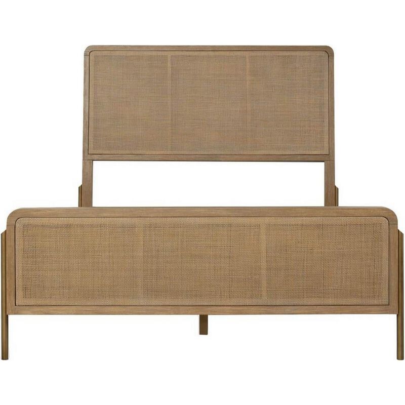 Sea Wood Queen Size Bed with Woven Cane Design, Open Panel, 4 Slats, Brown - Benzara