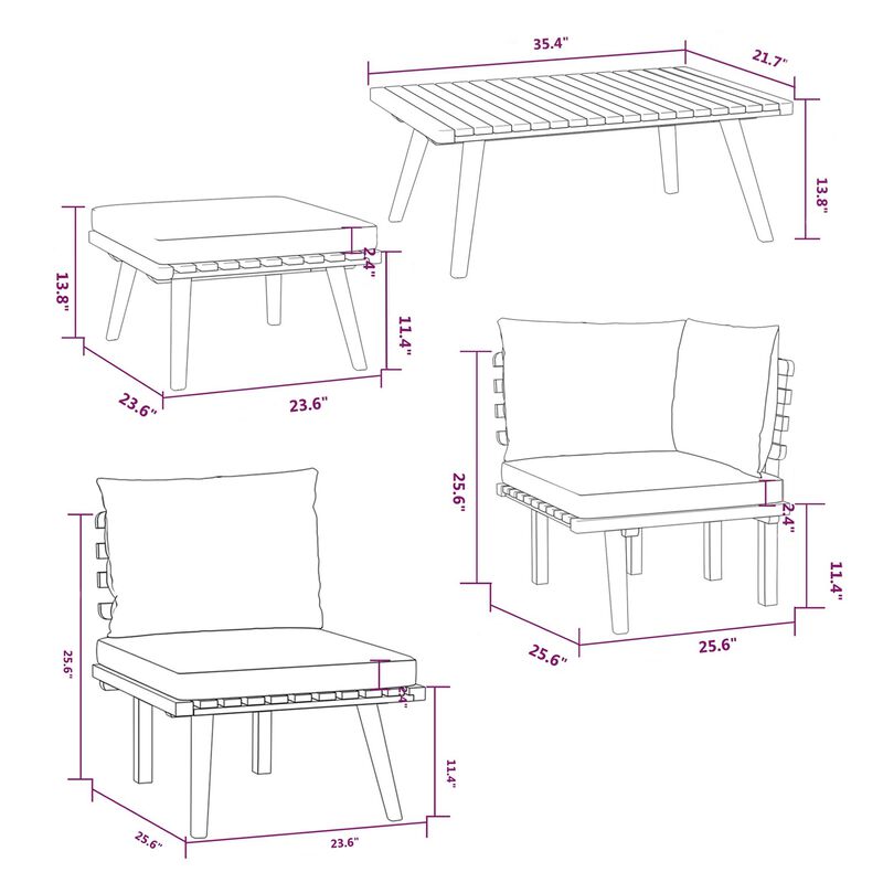 Roma 9pc Outdoor Modular Corner L Sofa w Coffee Table, Footrest, Wood - Benzara