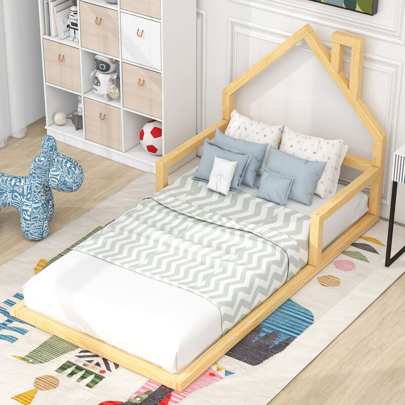 Merax Wood Floor Bed with House-shaped Headboard