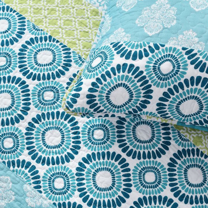 Hivvago Full/Queen Cotton 3 Piece Reversible Blue White Green Floral Damask Quilt Set