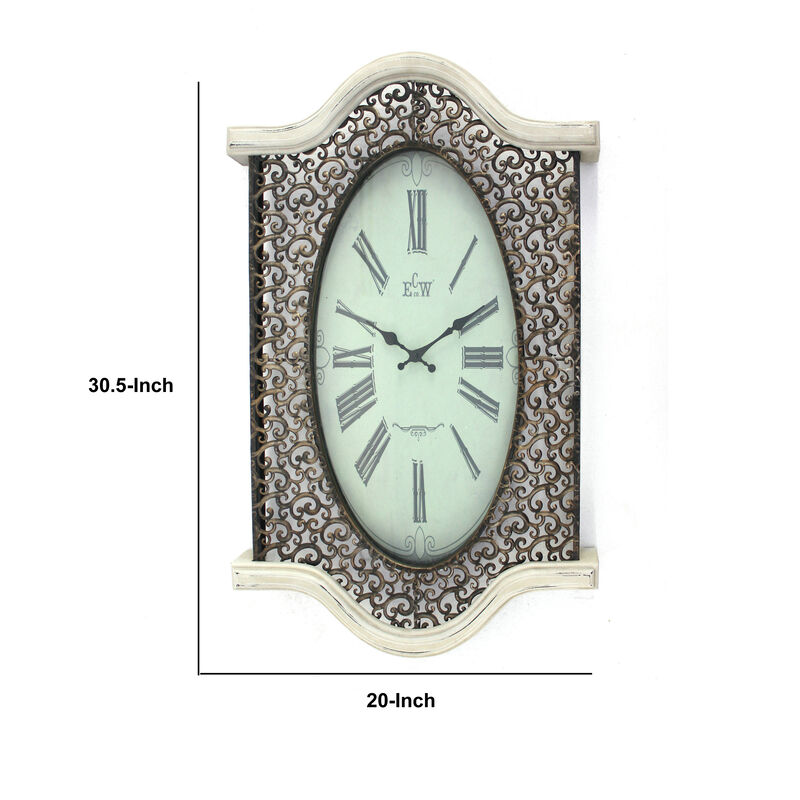 Wall Clock with Scalloped Wooden Top and Bottom, White-Benzara