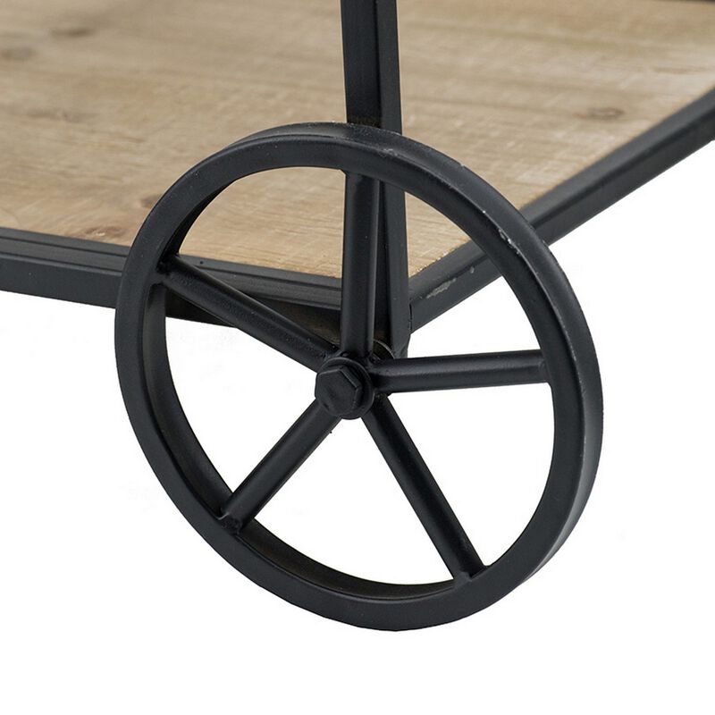 32 Inch Bar Cart, 3 Tiers, Fir Wood Shelves, Iron Frame, Black, Brown-Benzara