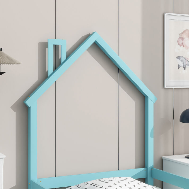 Twin Size Wood bed with House-shaped Headboard Floor bed with Fences,Light Green