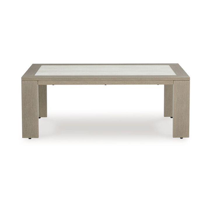Isle Outdoor Cocktail Coffee Table, Woodlike Gray Brown Metal, 48 Inch - Benzara