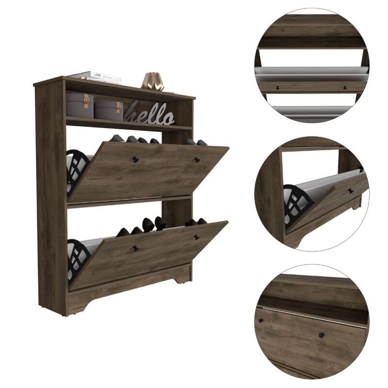 Calgary Shoe Rack, Superior Top, One Open Shelf, Two Extendable Shelves - Dark Brown