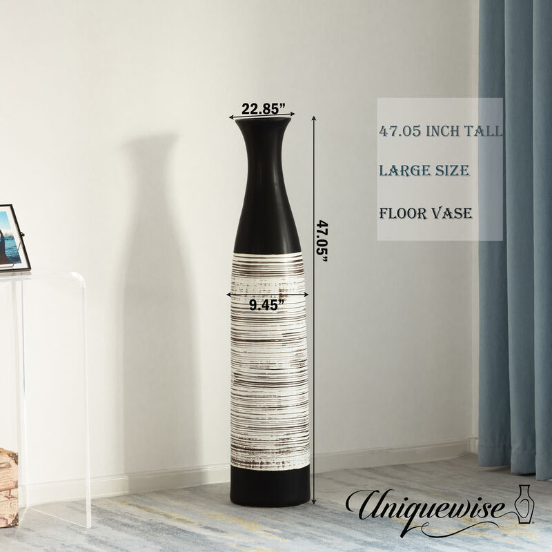 47-Inch Handcrafted Black and White Waterproof Ceramic Floor Vase - Neat Classic Bottle Shaped Vase, Freestanding Design, Perfect for Tall Floral Arrangements