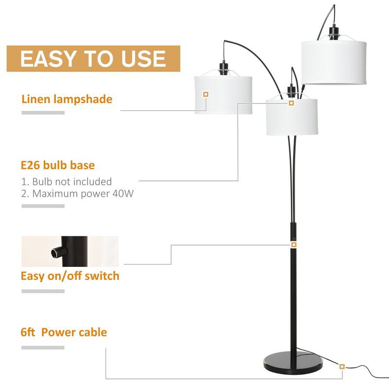 Black/White Modern Light: Arc Floor Lamp with 3 Drum Shades