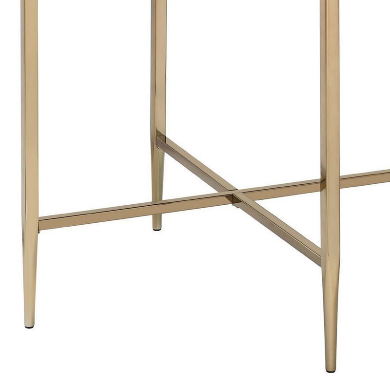 End Table with Oval Marble Top and X Shaped Support, Gray and Gold-Benzara