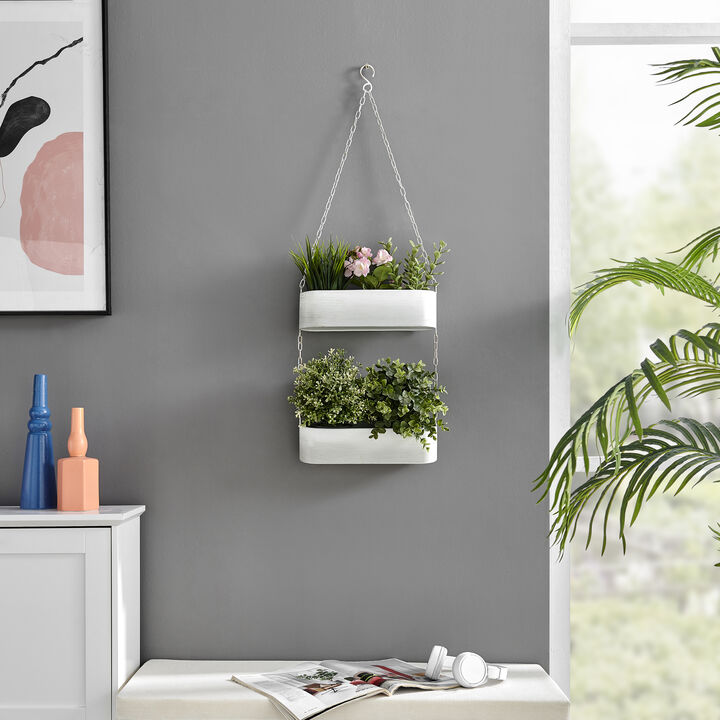 Two-Tier Hanging White Metal Trough Wall Planter