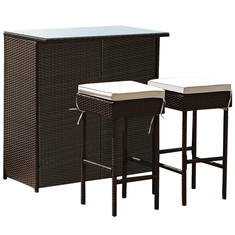 3PCS Patio Rattan Wicker Bar Table Stools Dining Set
