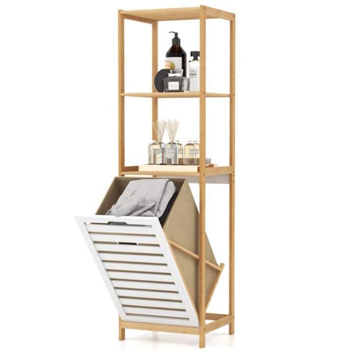 Hivvago 4-Tier Tilt-Out Laundry Hamper with Storage Shelves for Laundry Room-Natural and White