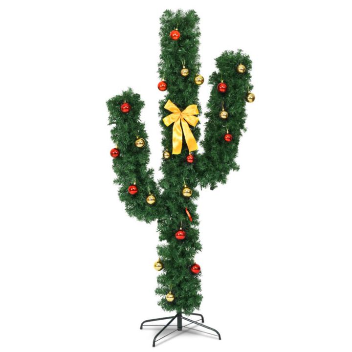 Hivvago 5/6/7 Feet Artificial Cactus PVC Christmas Tree with LED Lights and Ball Ornaments