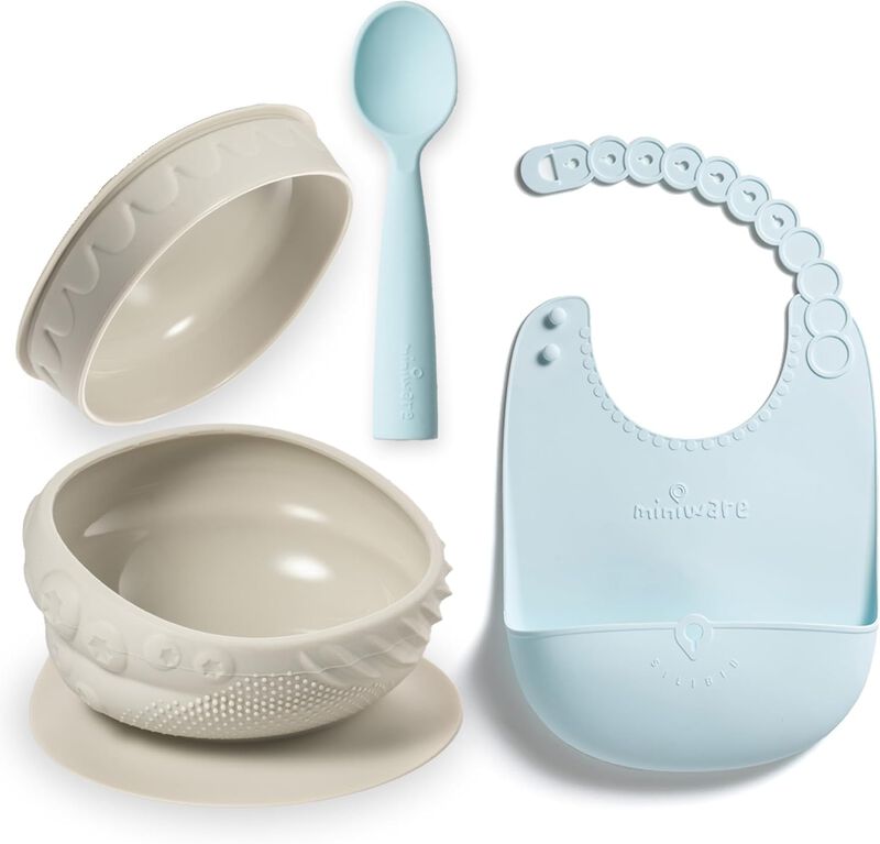 Sensory Baby Bowl Set with Baby Spoon, Roll & Lock Bib - Effortless to Clean Feeding Set for Babies to Encourage Self-Feeding - Essential Baby Feeding Items