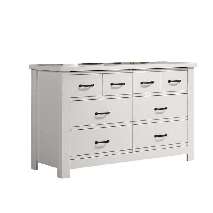 Jermy 51 Inch Wide Dresser, 6 Drawers, Black Handles, Crisp White Finish - Benzara